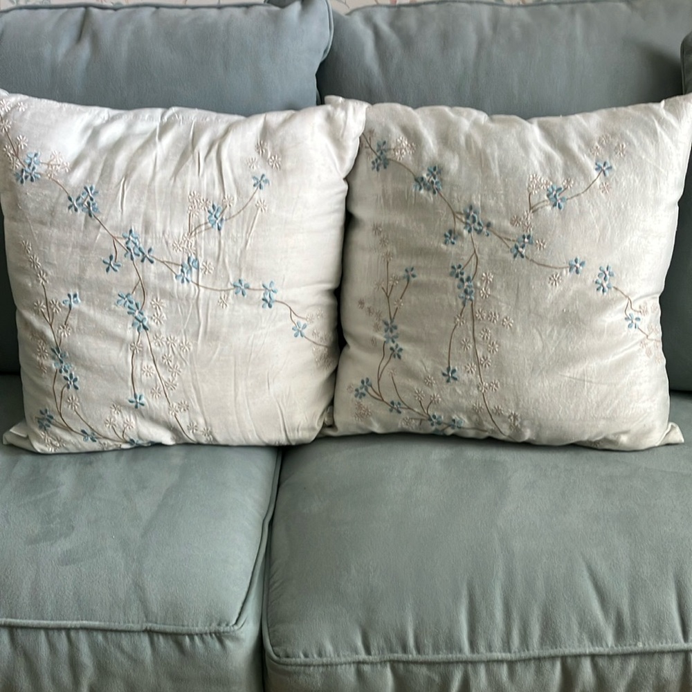 Embroidered Blue & White Accent Pillow Set